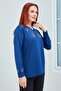 Women's Indigo Blue V-Neck Buttoned Floral Lycra Mother's Combed Cotton Blouse - 4