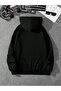 3 İplik Never Give up Thick Winter Sweatshirt - Black Printed Oversize Hoodie with Pockets - 2