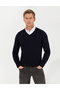 Navy Blue Slim Fit V-Neck Basic Knitwear Sweater 50257206-Vr033 - 3
