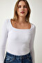 Square Neck Corded Knitted Blouse White Lgt0010