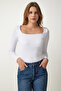 Square Neck Corded Knitted Blouse White Lgt0010 - 4