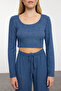 Indigo Yumoş Crop ve Wide Leg/Geniş Paça Örme Alt Üst Takım TWOAW23AU00125 - 5