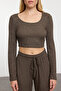Kahverengi Yumoş Crop ve Wide Leg/Geniş Paça Örme Alt Üst Takım TWOAW23AU00125 - 3