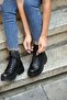 (Ri̇o) Black Genuine Leather Zippered Boots with Lace Detail