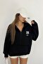 Black Unisex Stand Collar Zippered Oversize 3 Thread Ribbed Inside Printed Sweatshirt - 2