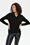 Women's Polo Collar Embroidered Blouse Black - 6