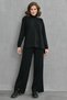 Flexible Knitwear Fabric Stand Collar Long Sleeve Black Sweater and High Waist Black Trousers Suit 1070