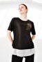 Women's Crew Neck Short Sleeve Chiffon Shiny Fabric Blouse Black - 7