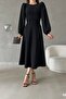 Black Balloon Sleeve Crew Neck Midi Dress