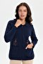 Women's Polo Collar Embroidered Short Wool Cardigan Dark Blue - 4