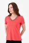 Women's V-Neck Colorful Embroidered Combed Cotton T-shirt Coral