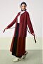 Burgundy Belted Pocketed Crew Neck Long Cardigan - 3