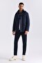 Navy Blue Comfort Fit Judge Collar Patterned Hooded Woolen Sports Coat - 2