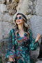 V-Neck Green Midi Chiffon Dress - Marbled Pattern - 4