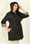 Women's Black Plaid Detail Plus Size Trench Coat - 3
