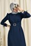 Venus Sleeve Feather Detailed Evening Dress-Navy Blue - 4