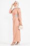 Stoned Waist Satin Evening Dress-Powder - 3