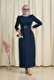 Venus Sleeve Feather Detailed Evening Dress-Navy Blue - 2