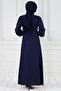 Pearl Detailed Belted Hijab Dress-Navy Blue - 5