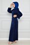 Sude Side Laced Satin Evening Dress-Navy Blue - 3