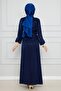 Sude Side Laced Satin Evening Dress-Navy Blue - 5