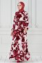 Tulip Patterned Viscose Dress with Belted Waist - Burgundy - 2