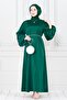 Balloon Sleeve Waist Drawstring Stone Detailed Ece Evening Dress-Emerald Green