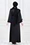 Balloon Sleeve Waist Rope Stone Detailed Ece Evening Dress-Black - 5