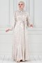 Shirt Collar Stone Detail Satin Evening Dress - Beige