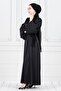 Balloon Sleeve Waist Rope Stone Detailed Ece Evening Dress-Black - 3