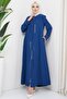 Stone Detailed Plus Size Abaya Indigo HM2047 - 3