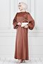Balloon Sleeve Waist Drawstring Stone Detailed Ece Evening Dress-Brown - 3