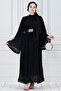 Pleated Sleeve Flounce Diva Chiffon Evening Dress-Black - 2