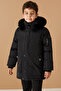 Black Fur Lined Sleeve Pocket Detailed Boy's Hooded Coat 19058 - 4