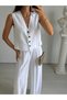 White Elastic Waist Wide Leg Linen Suit - 6