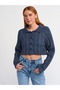60203 Polo Collar Buttoned Glittery Crop Knitwear Cardigan-Indigo-S