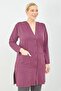 Women's Plum Buttoned Large Size Mother Long Combed Cotton Cardigan with Pockets - 2