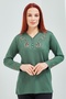 Women's Green V-Neck Buttoned Floral Lycra Mother's Combed Cotton Blouse - 3