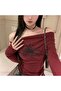 Y2K Harajuku Burgundy Spider بلوزة قصيرة مكشوفة الكتفين