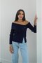 Navy Blue Boat Neck Buttoned Front Blouse