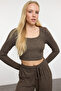 Kahverengi Yumoş Crop ve Wide Leg/Geniş Paça Örme Alt Üst Takım TWOAW23AU00125 - 2