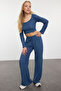 Indigo Yumoş Crop ve Wide Leg/Geniş Paça Örme Alt Üst Takım TWOAW23AU00125 - 3