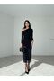 One Shoulder Sleeve Tulle Detail Midi Elegant Dress Black - 2