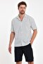Men's White Oversize Fit Short Sleeve Relaxed Cut Striped Lapel Collar Textured Summer Shirt - 2