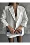 Women's White Blazer Jacket with Lined Sleeves and Striped Fold Detail