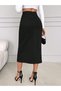 Women's High Waist Slit Midi Length Black Lycra Denim Skirt - 2