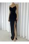 Women's Black Stone-Strap Slit Scuba Fabric Evening Dress Engagement Wedding Graduation Dress - 3