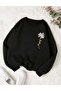 Women's Black Crew Neck Oversize Daisy Printed Sweatshirt