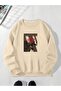 Unisex Beige Rose Printed Crew Neck Oversize Sweatshirt