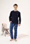 Men's Winter Buttoned Collar Checked Bottom Fleece Pajama Set